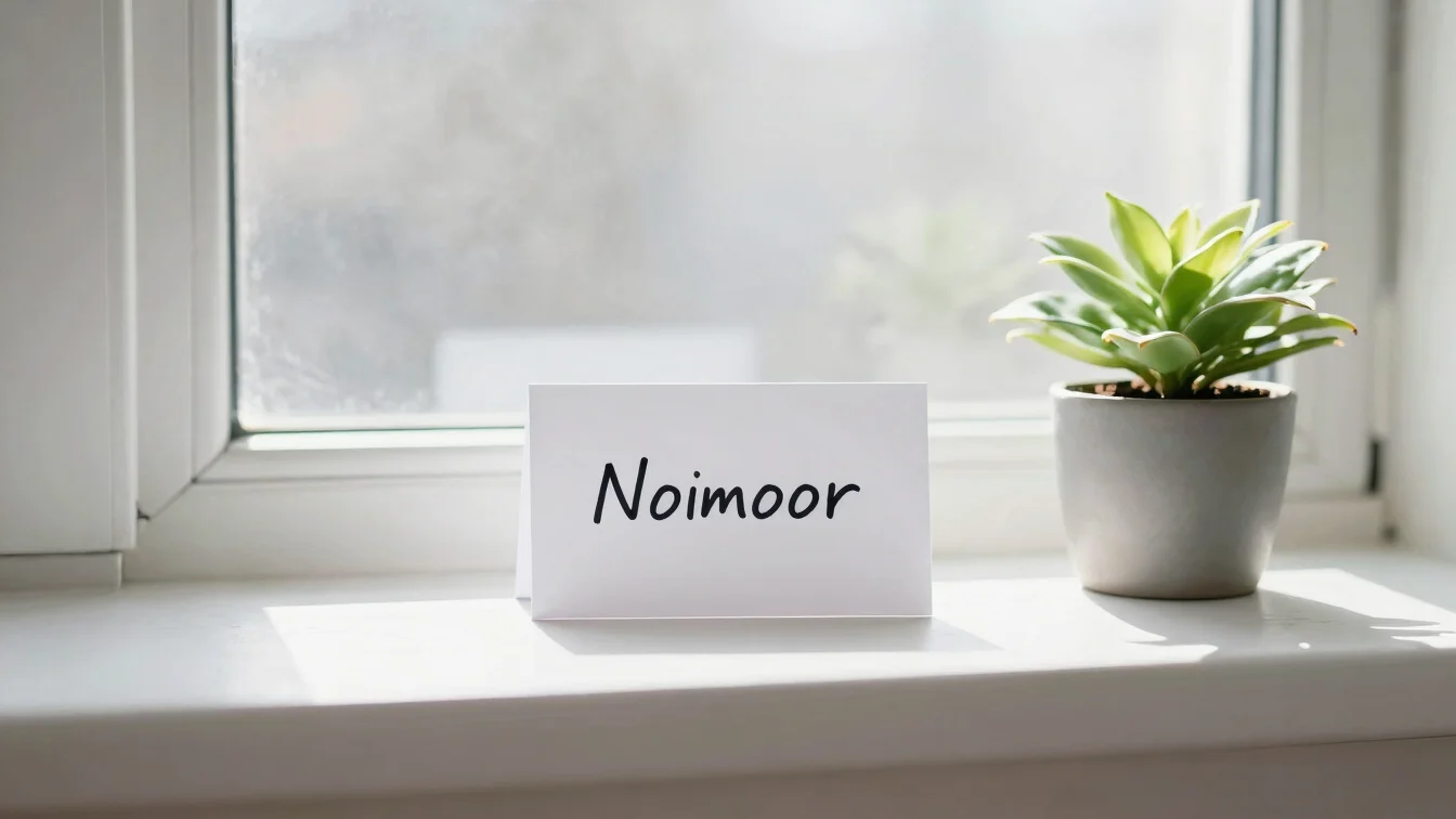 Soft daylight on a sunlit windowsill with a handwritten name card