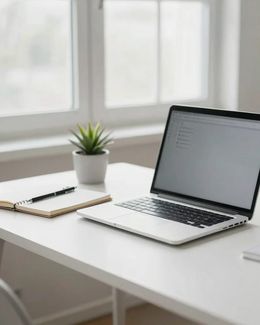 Soft-focus editorial photograph of a tidy desk with a laptop, a n