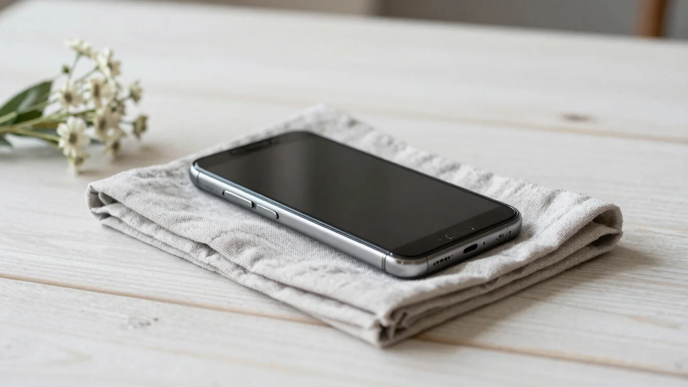 Smartphone resting face-down beside a folded linen napkin and a s