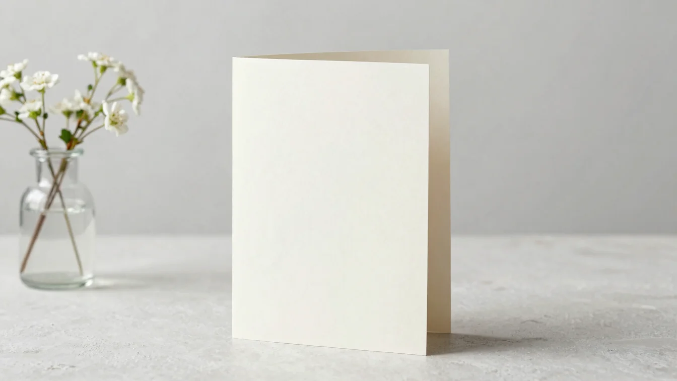 Greeting card with blank cream interior and a small sprig of whit