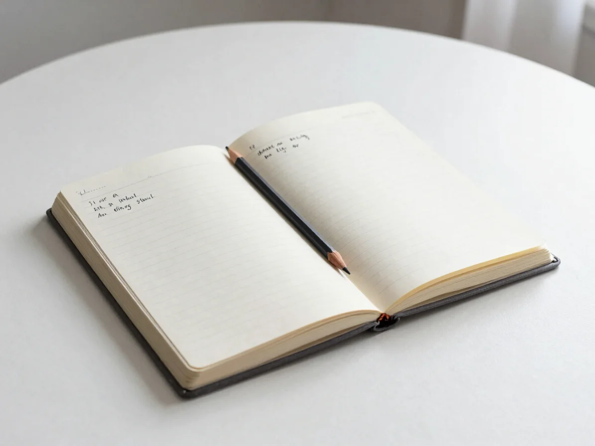 Open notebook with pencil and a few handwritten lists on a white