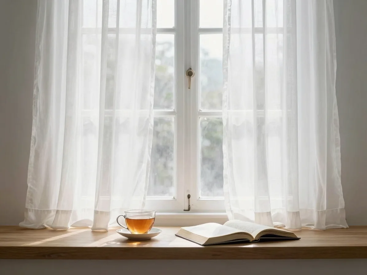 Quiet morning window with sheer curtains, a cup of tea and an ope