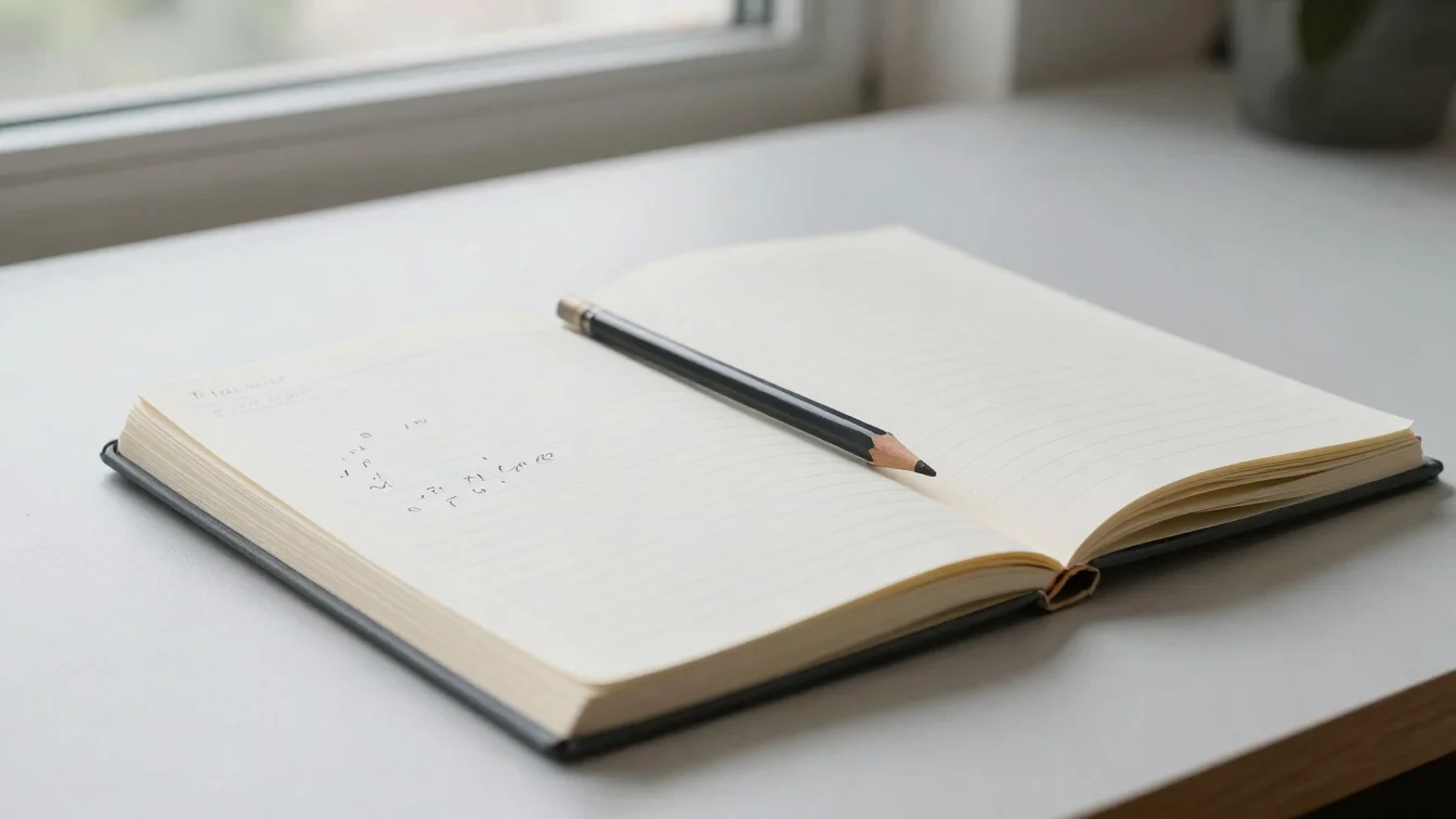 Close-up of a open notebook with pencil marks on a pale gray desk