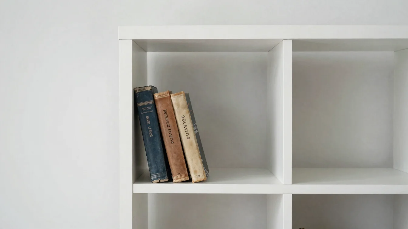 Simple wooden bookshelf with a few worn dictionaries in a bright