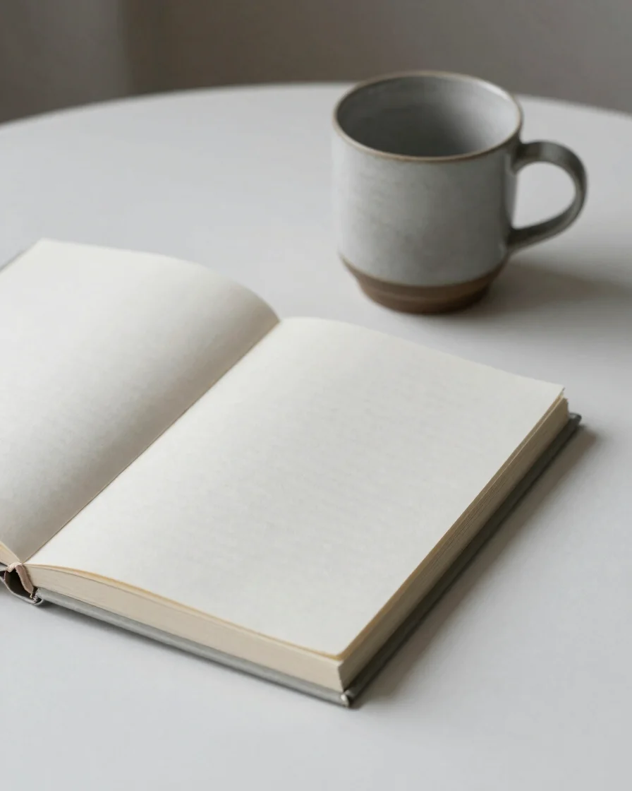 Editorial close-up of an open notebook beside a simple ceramic cup on a white table, soft diffused daylight, gentle shad