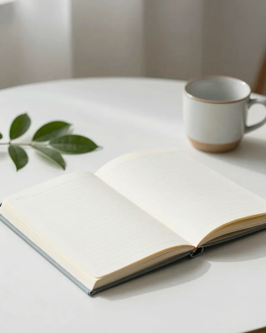 Soft natural daylight on a white table with an open notebook, a s